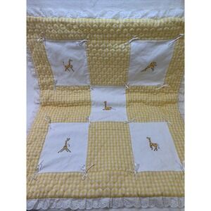 Giraffe Crib Quilt Baby Blanket Cross Stitch Gingham 35"X29" Handmade Yellow